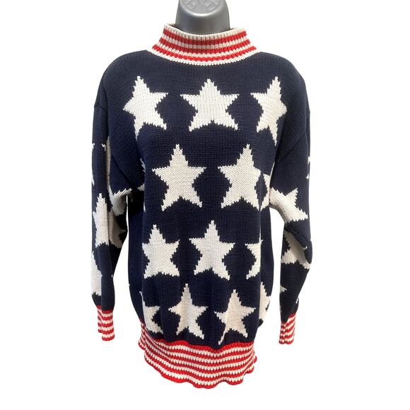 Perry Ellis Vintage 1980s American Flag Intarsia Knit Evil Knievel Levis Sweater - Picture 1 of 10